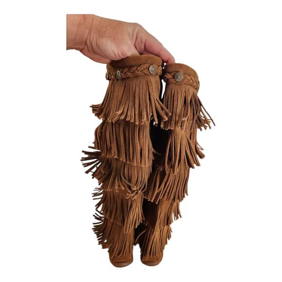 Minnetonka Boho Layered Fringe Suede Leather Tall Flat Boots Size 6 like NEW - Picture 7 of 13